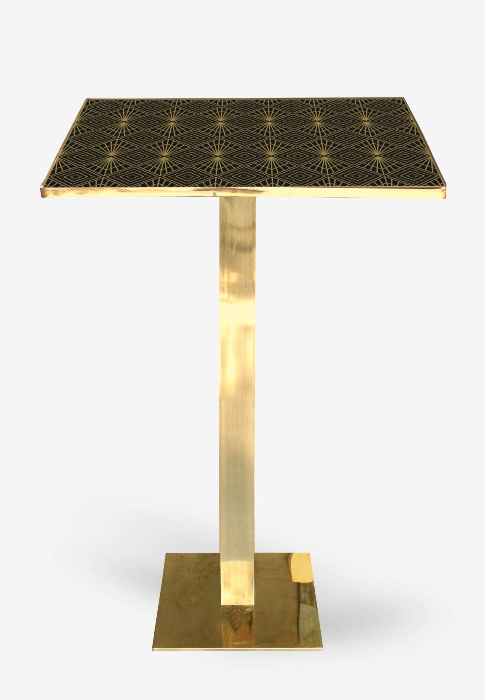 tavoli alti per sgabelli ideali per ristoranti e bar con gamba oro e con base quadrata in metallo per contract