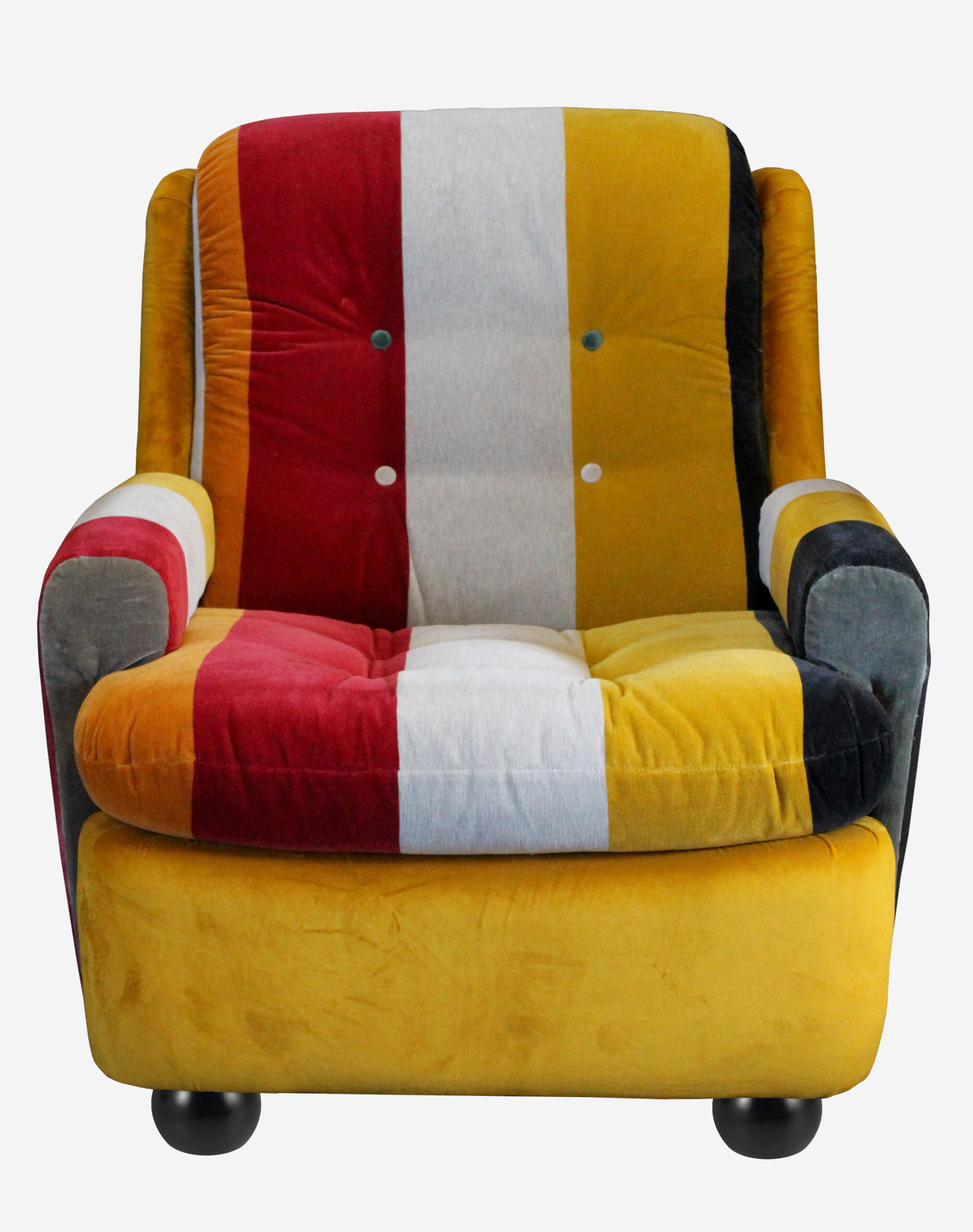 poltrona-vintage-a-strisce-rosso-giallo-grigio-pezzo-unico